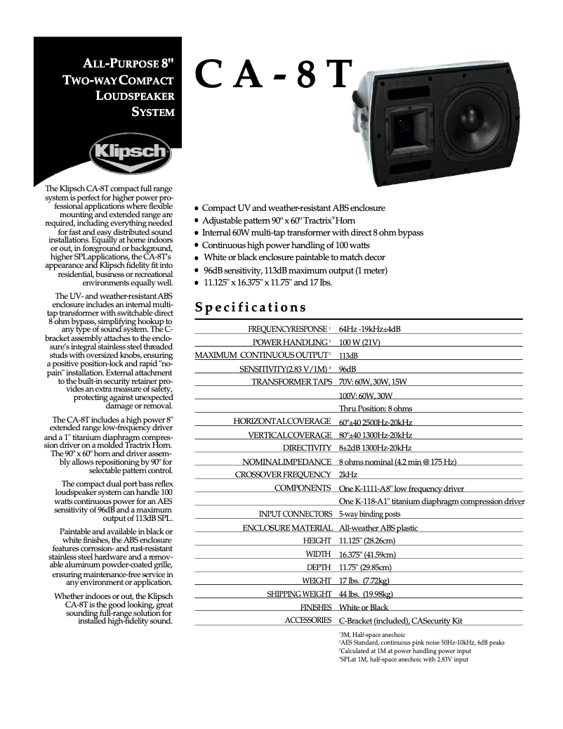 Page 1 of the manual User Manual Klipsch CA-8T