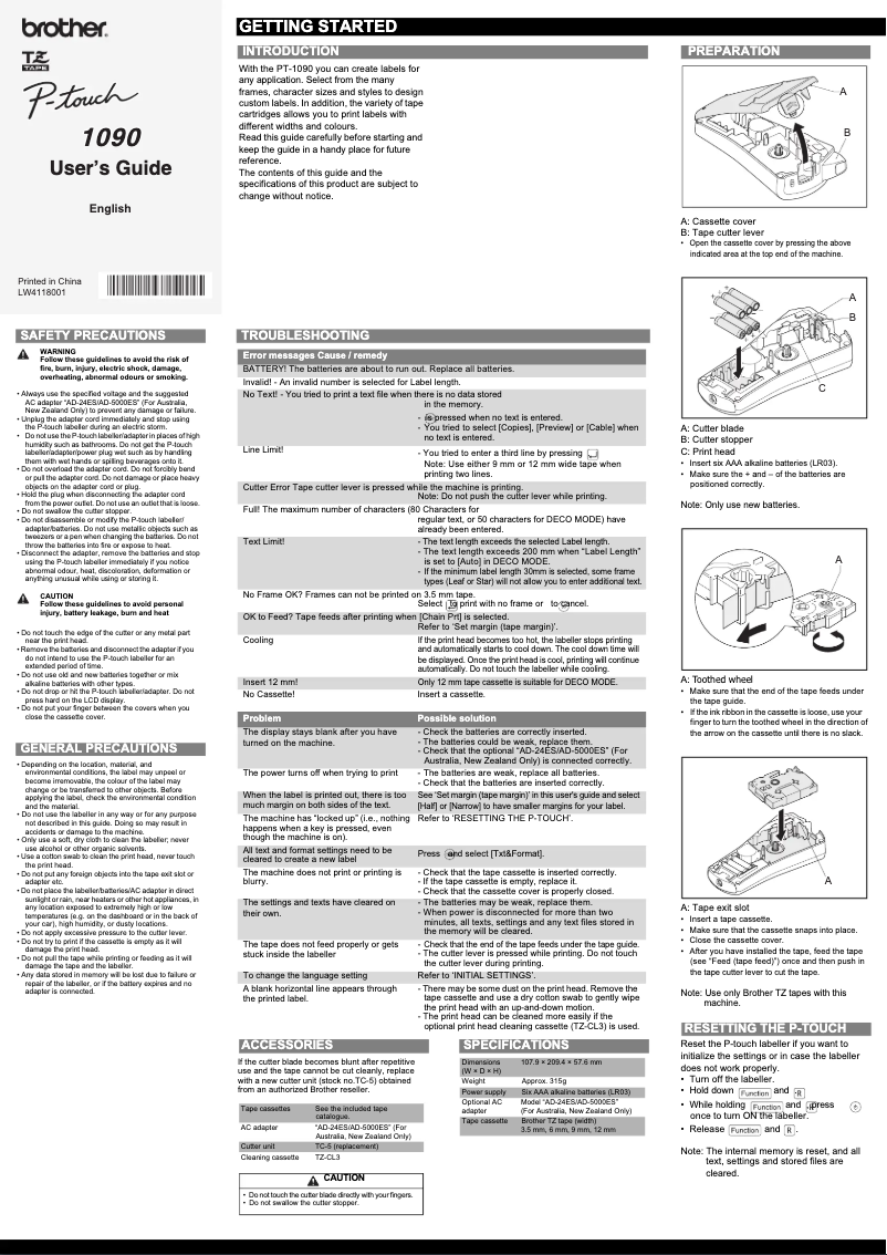 First page image of the manual for P-touch PT-1090