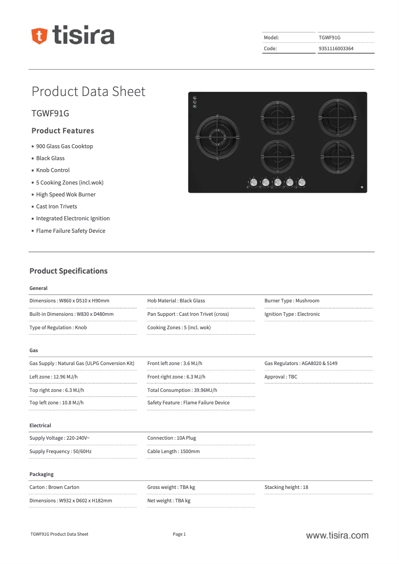 Page 1 of the manual Technical Sheet Tisira TGWF91G