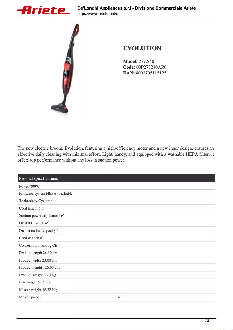 First page image of the manual for Evolution 2772