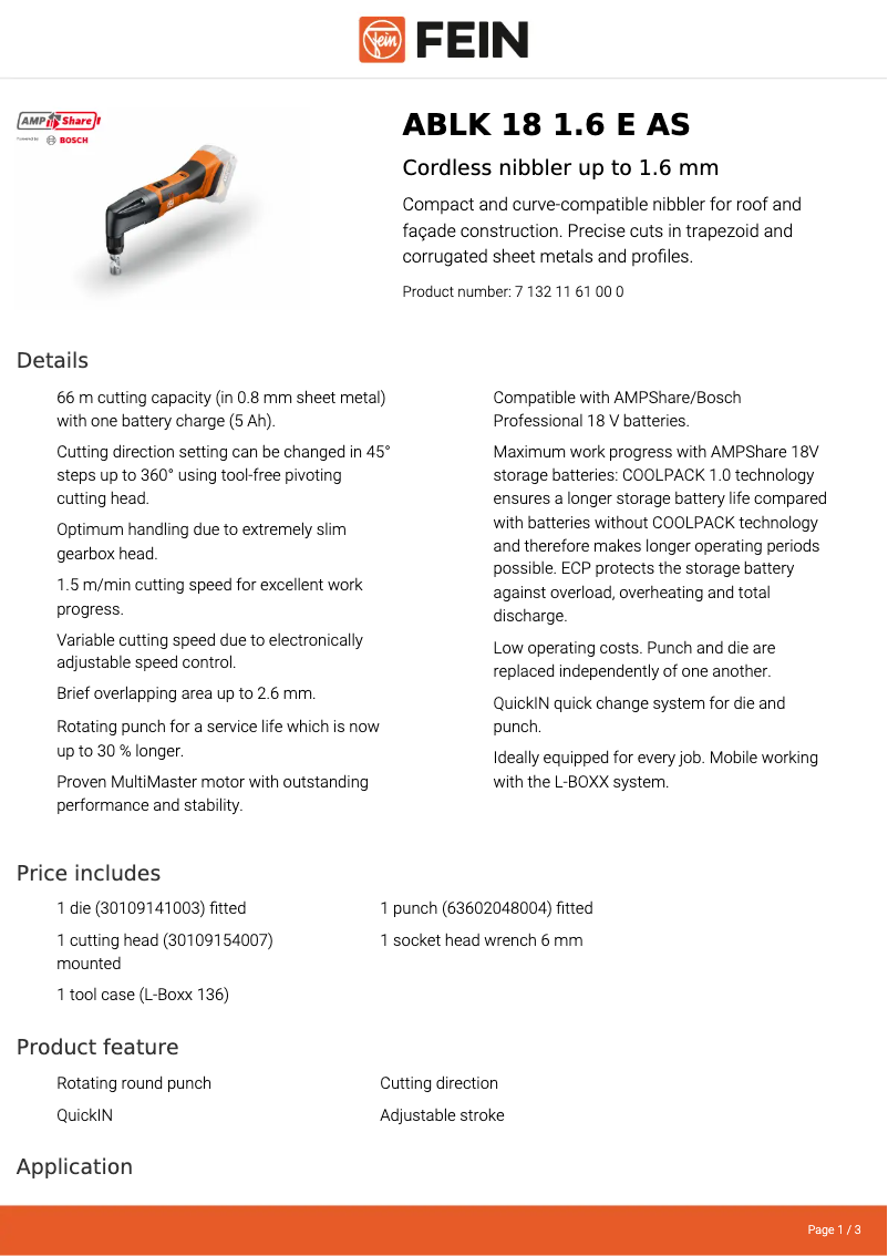 Page 1 of the manual Technical Sheet Fein ABLK 18 1.6 E AS