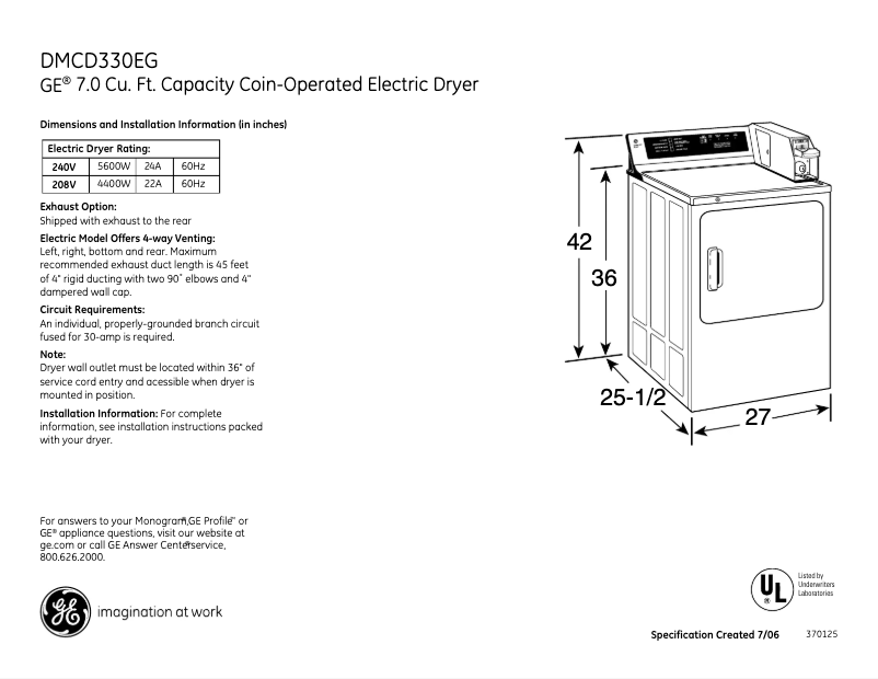 Page 1 of the manual Technical Sheet GE DMCD330EGWC