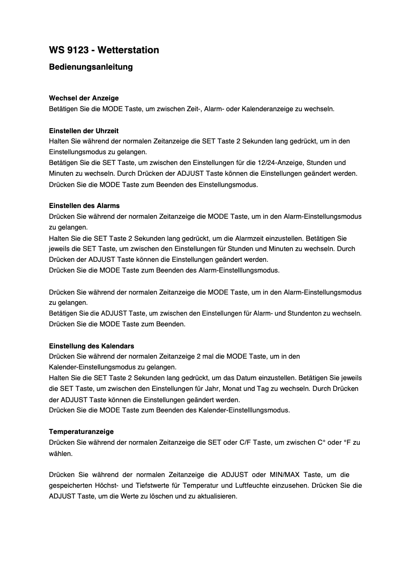 First page image of the manual for WS 9123