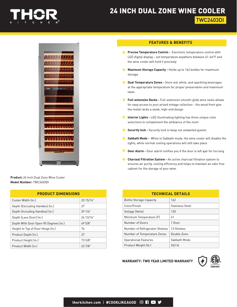 Page 1 of the manual Technical Sheet Thor TWC2403DI