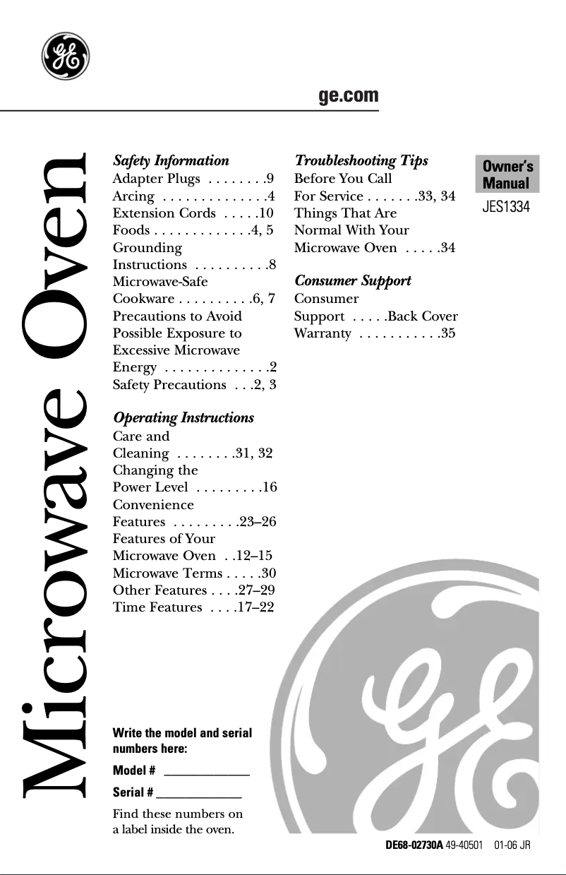 First page image of the manual for JES1334BH