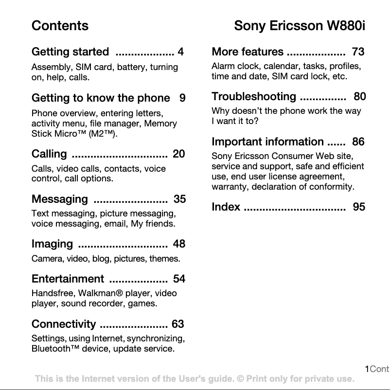 Page 1 of the manual User Manual Sony Ericsson W880