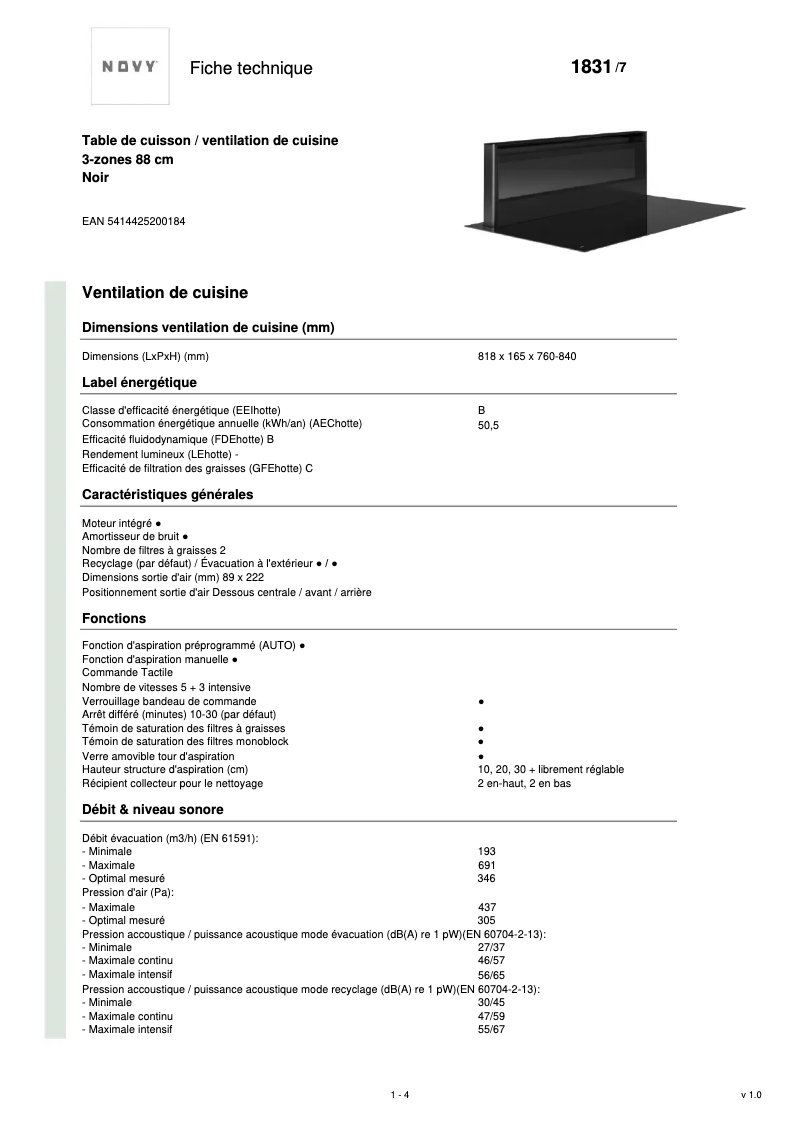 Page 1 of the manual Technical Sheet Novy Panorama Power 1831
