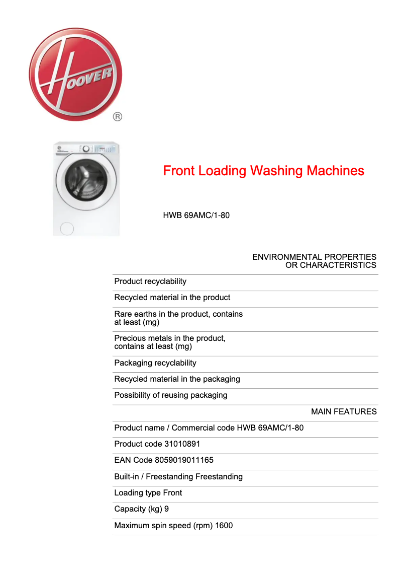 Page 1 of the manual Technical Sheet Hoover H-WASH 500 HWB 69AMC/1-80