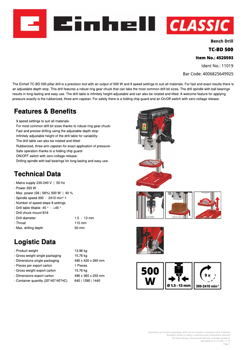 Page 1 of the manual Technical Sheet Einhell TC-BD 500