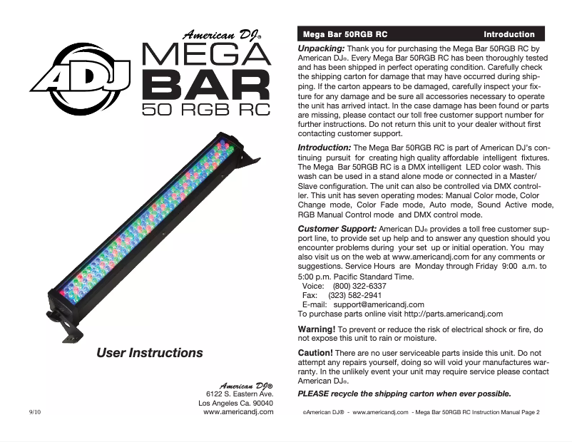 Page 1 of the manual User Manual American DJ Mega Bar 50 RGB RC