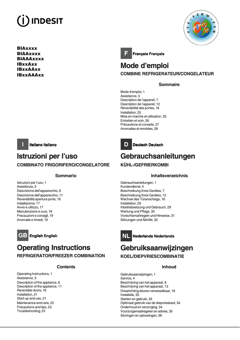 First page image of the manual for BIAA 34 F X