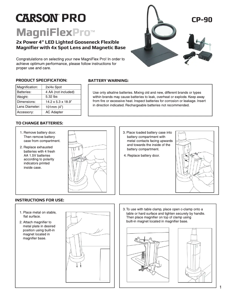Page 1 of the manual User Manual Carson MagniFlexPro CP-90