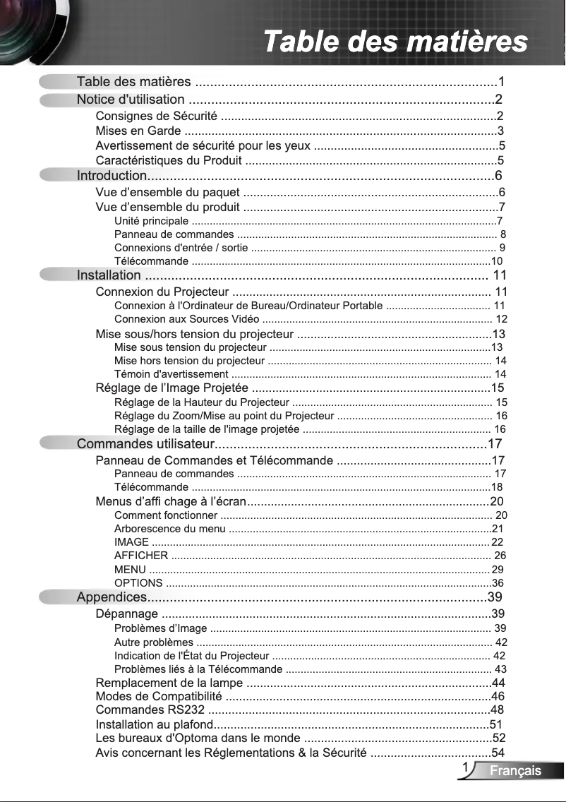 Page 1 of the manual User Manual Optoma EW531