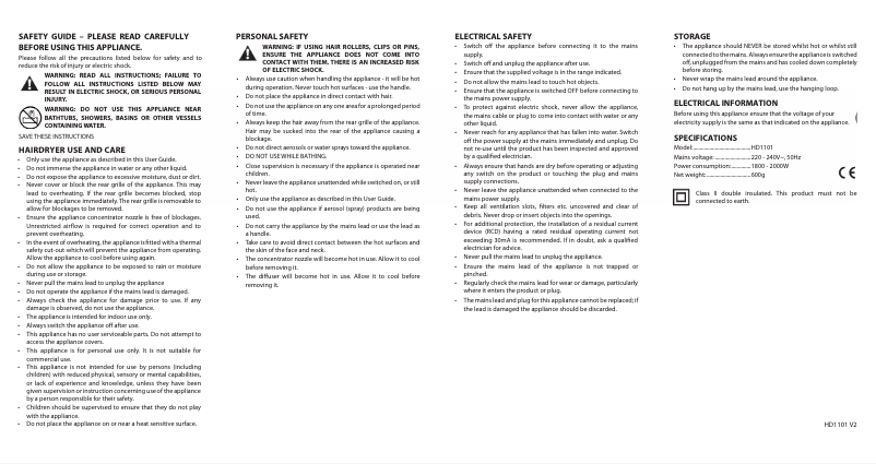 First page image of the manual for HD1101