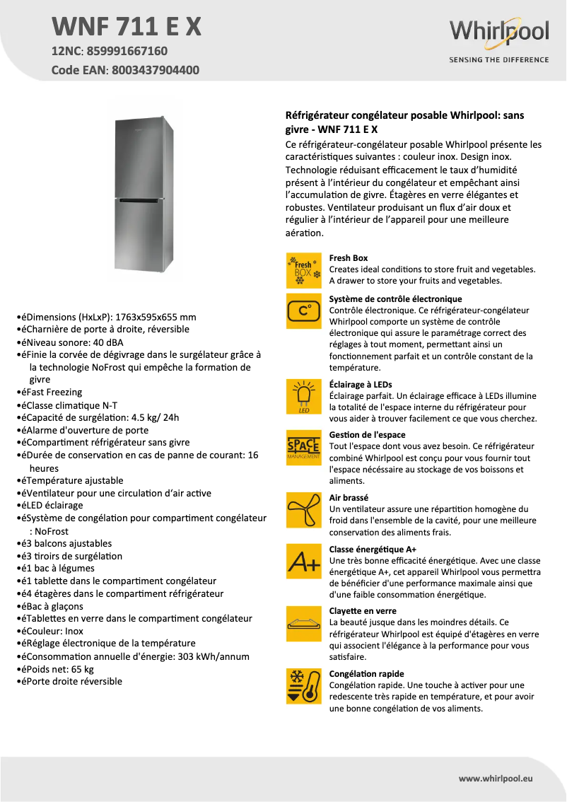 Page 1 of the manual Technical Sheet Whirlpool WNF 711 E X