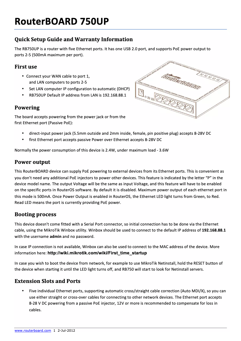 First page image of the manual for RouterBOARD750UP