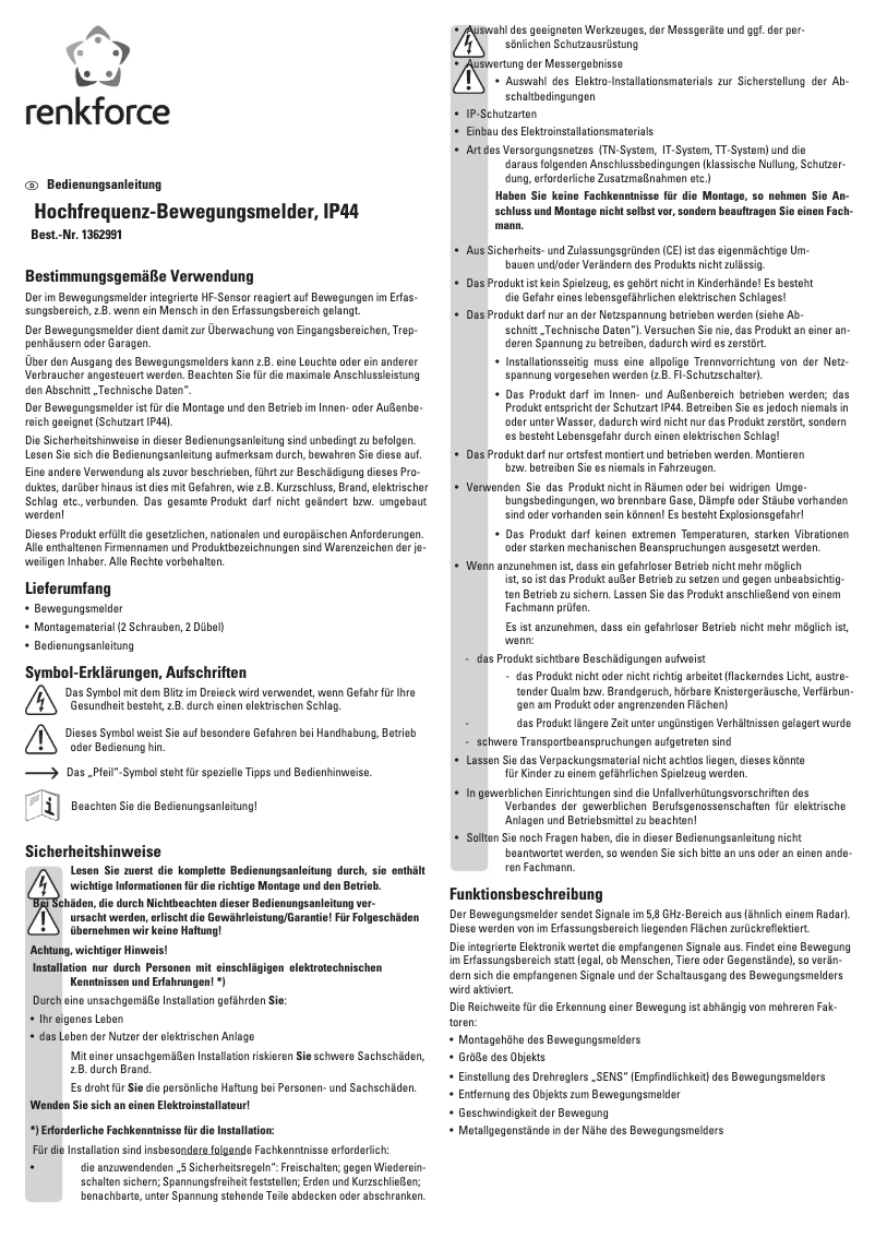 Page 1 of the manual User Manual Renkforce 1362991
