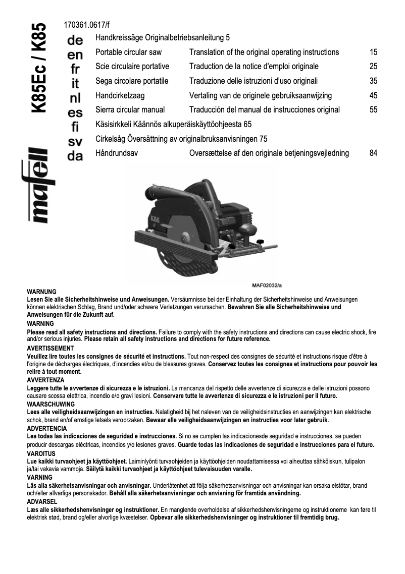 First page image of the manual for K85Ec