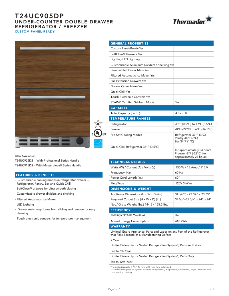 Page 1 of the manual Technical Sheet Thermador T24UC905DP