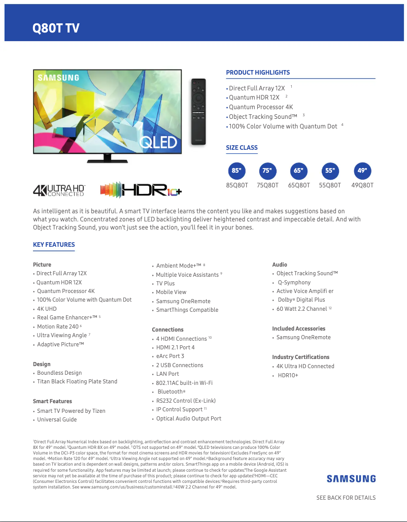 Page 1 of the manual Technical Sheet Samsung QN85Q80TAFXZA