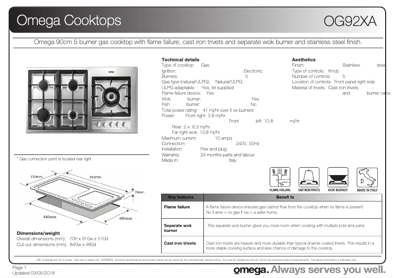 Page 1 of the manual Technical Sheet Omega OG92XA