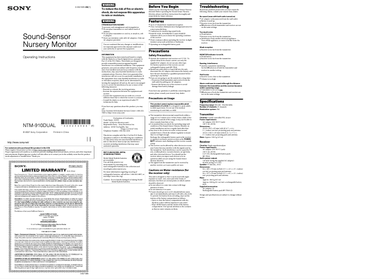 Page 1 of the manual Instruction Manual Sony NTM-910DUAL