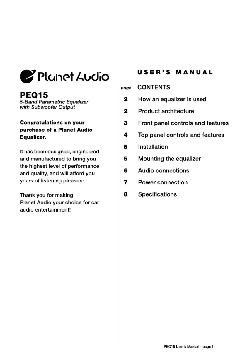Page 1 of the manual User Manual Planet Audio PEQ15