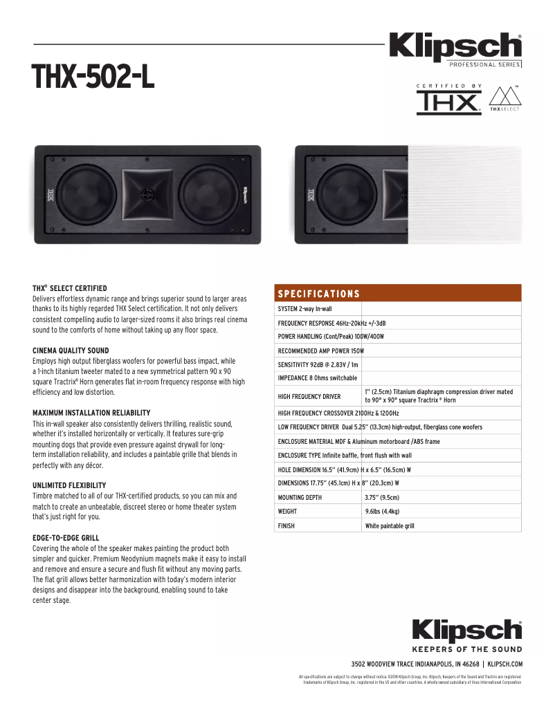 Page 1 of the manual Technical Sheet Klipsch THX-502-L