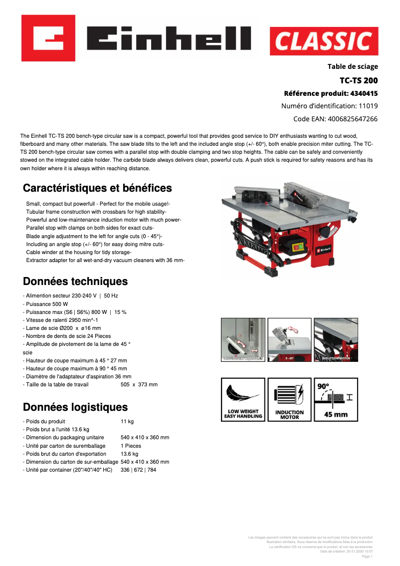 Page 1 of the manual Technical Sheet Einhell TC-TS 200