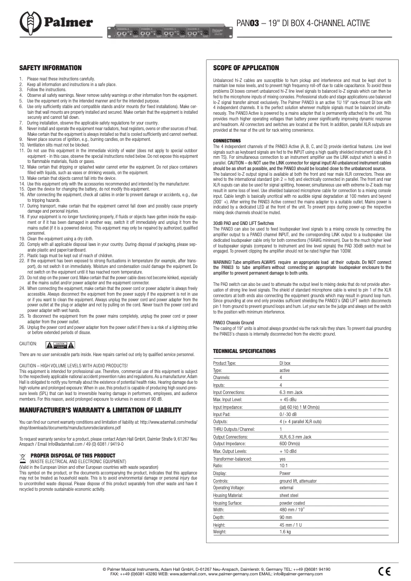 Page 1 of the manual User Manual Palmer PAN 03