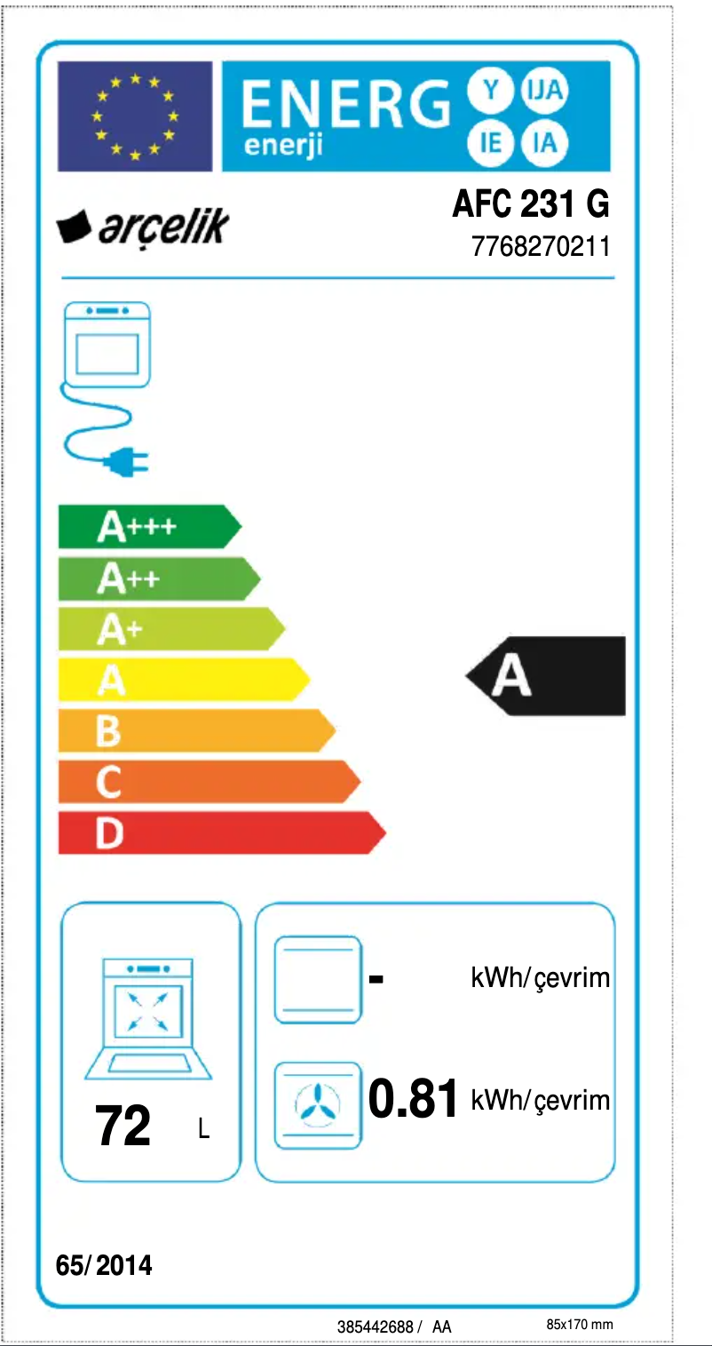 Page 1 of the manual Energy Label Arçelik AFC 231 G