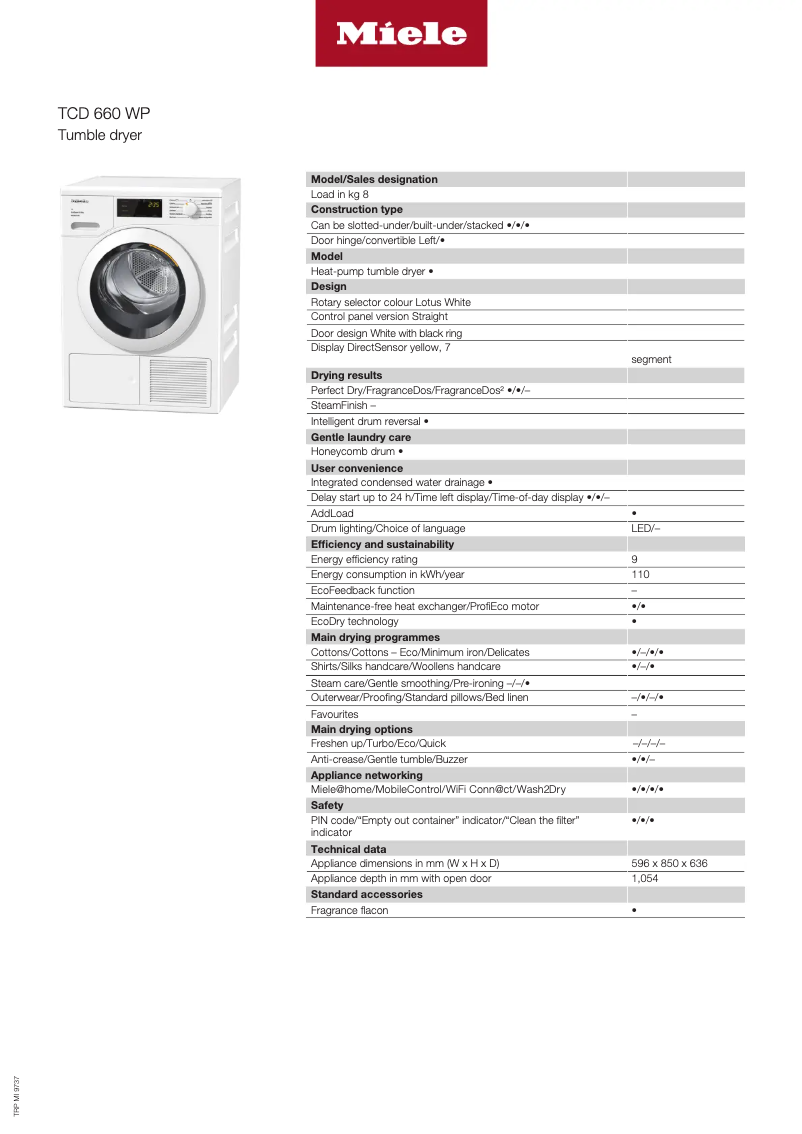 Page 1 of the manual Technical Sheet Miele TCD660 WP EcoSpeed