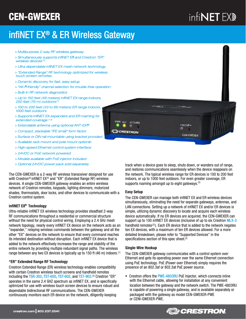 Page 1 de la notice Fiche technique Crestron CEN-GWEXER-PWE