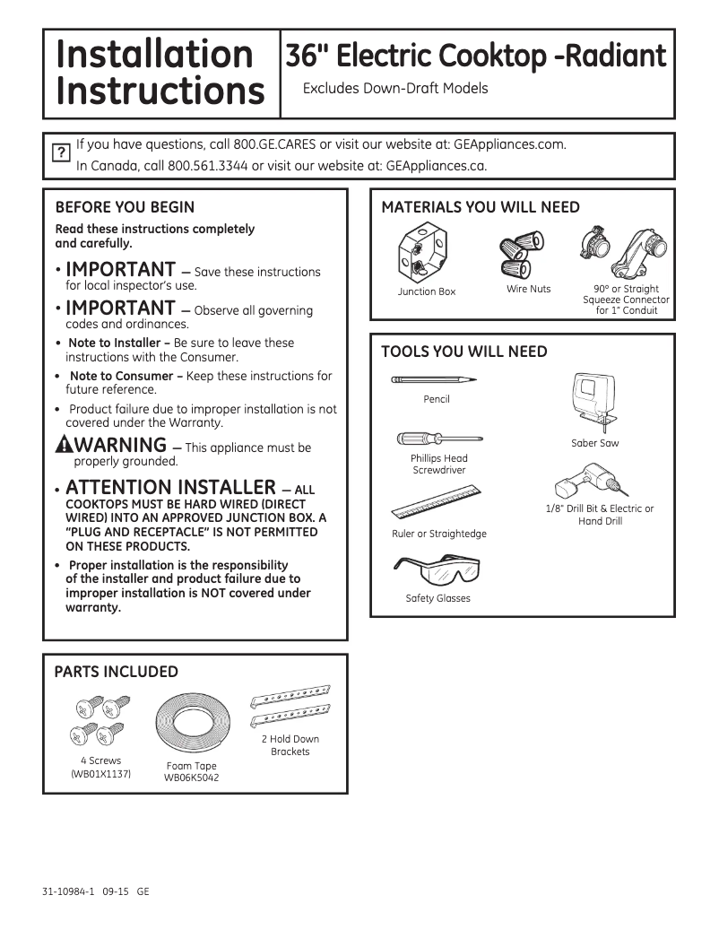 Page 1 of the manual Installation Guide GE JP5036DJBB