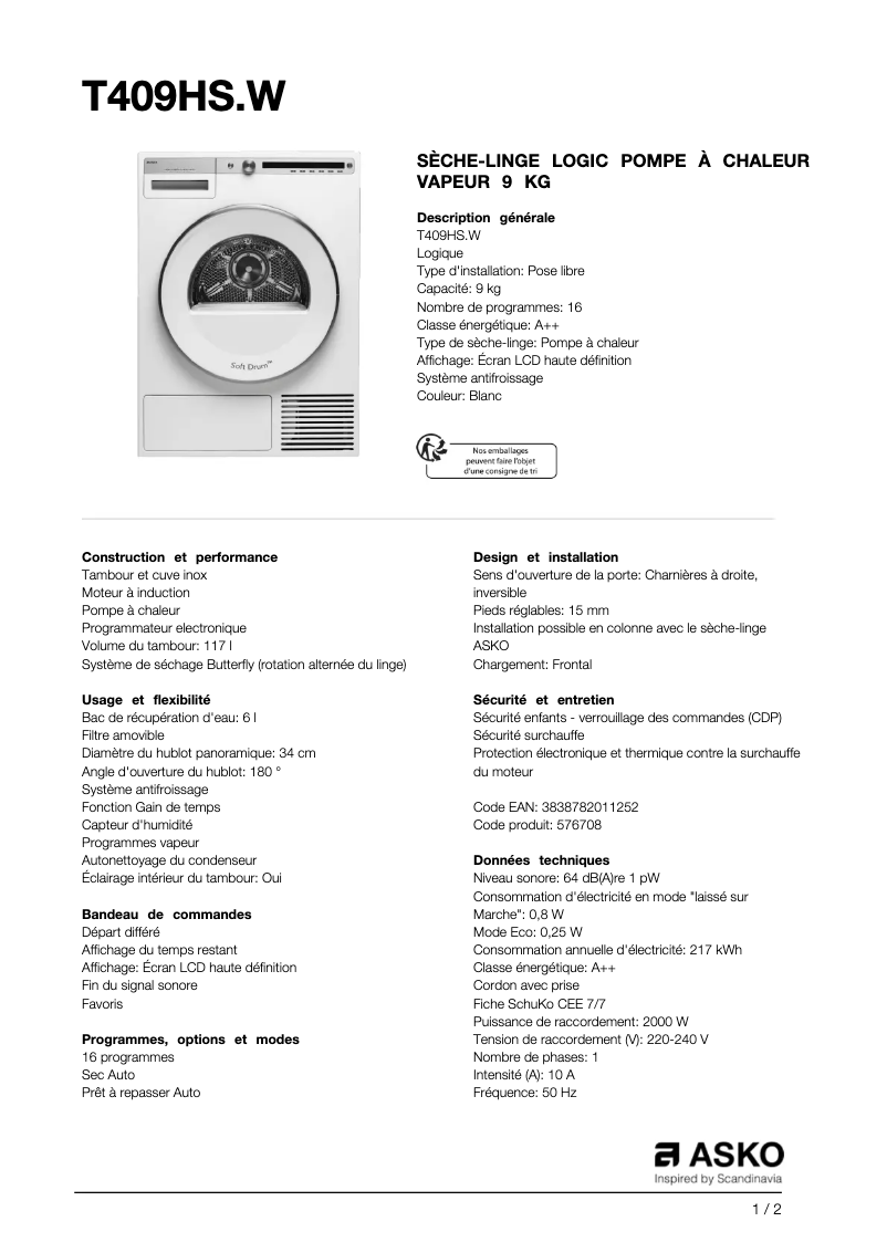 Page 1 of the manual Technical Sheet Asko T409HS