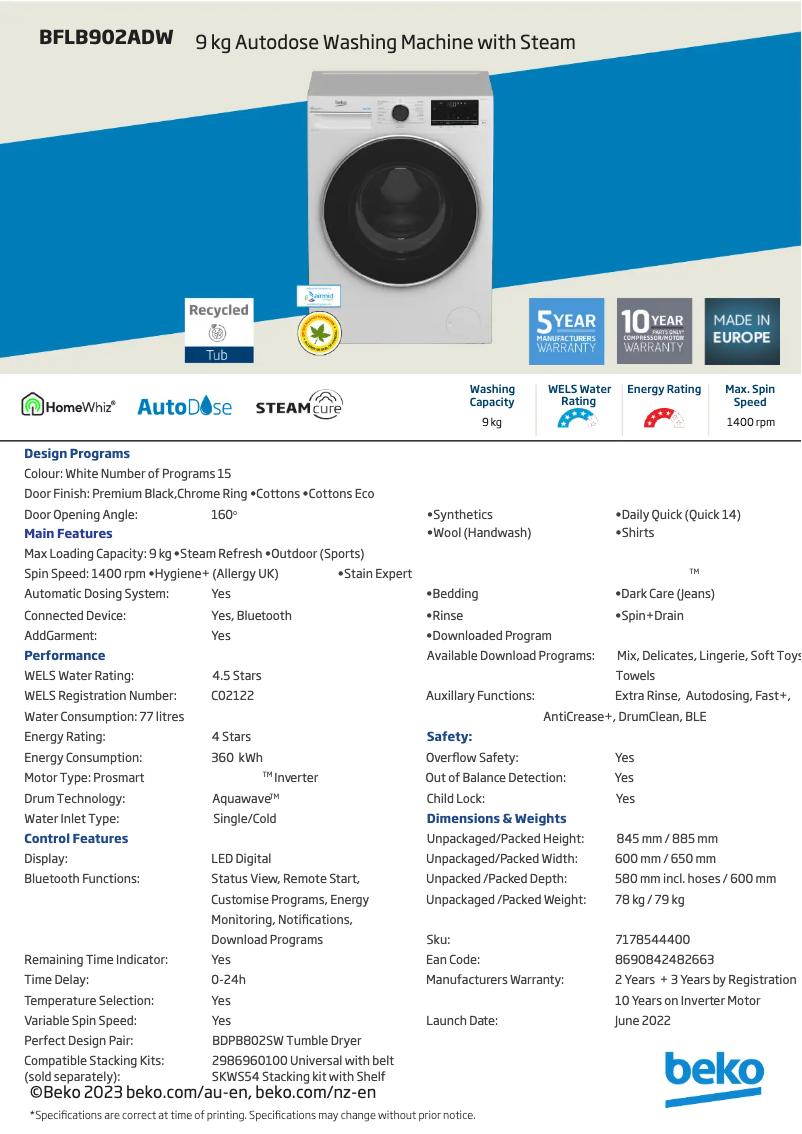 Page 1 of the manual Technical Sheet Beko BFLB902ADW