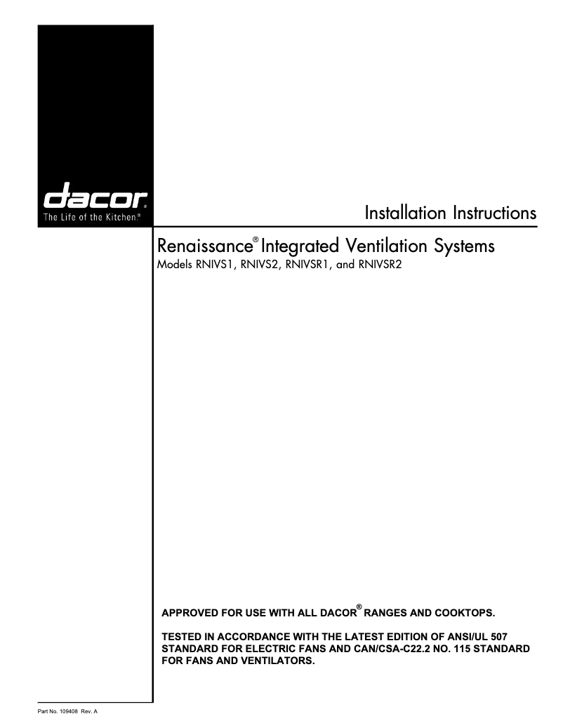 Page 1 of the manual Installation Guide Dacor RNIVS1