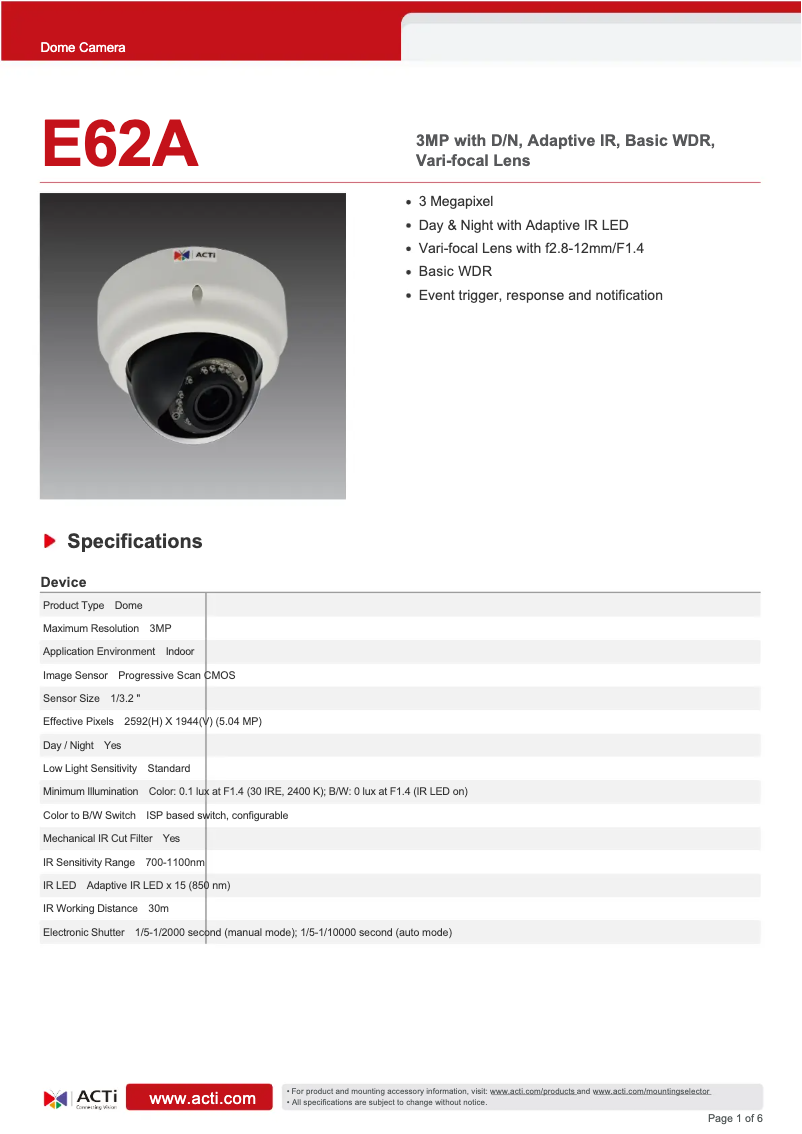 Page 1 of the manual Technical Sheet ACTi E62A