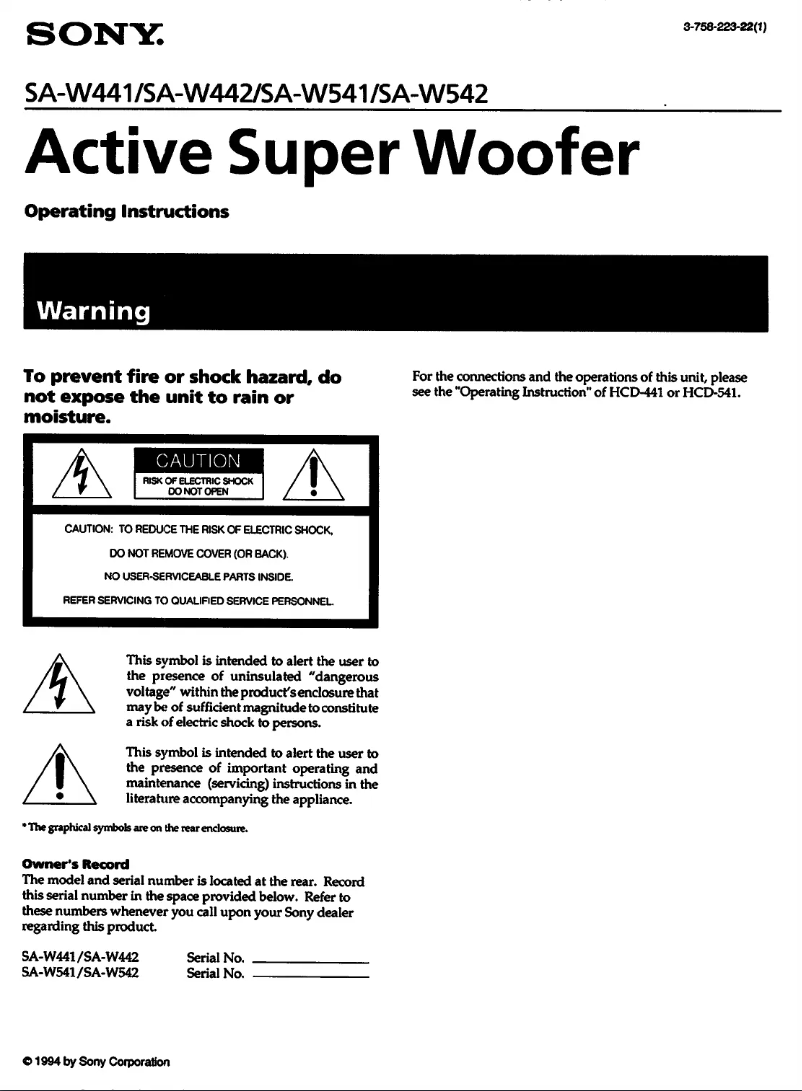 Page 1 of the manual User Manual Sony SA-W441