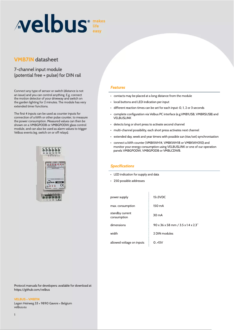 Page 1 of the manual Technical Sheet Velbus VMB7IN