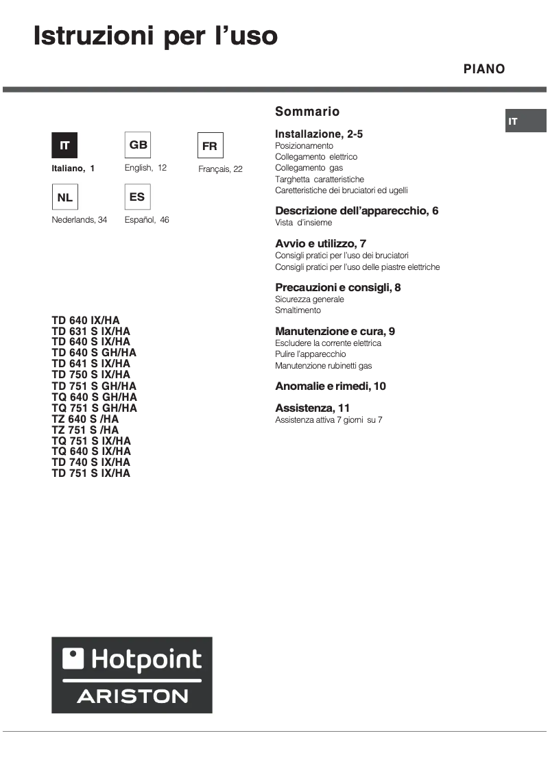 Page 1 of the manual User Manual Hotpoint Ariston TQ 640 S (ICE) IX/HA