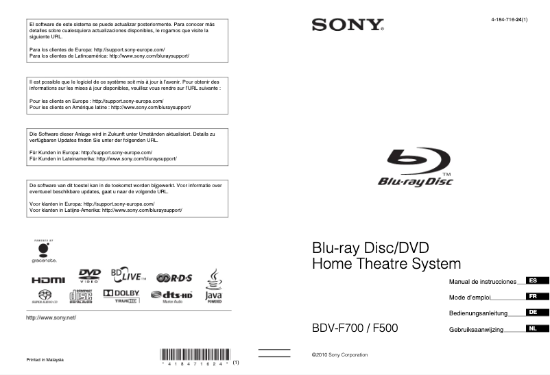 First page image of the manual for BDV-F500