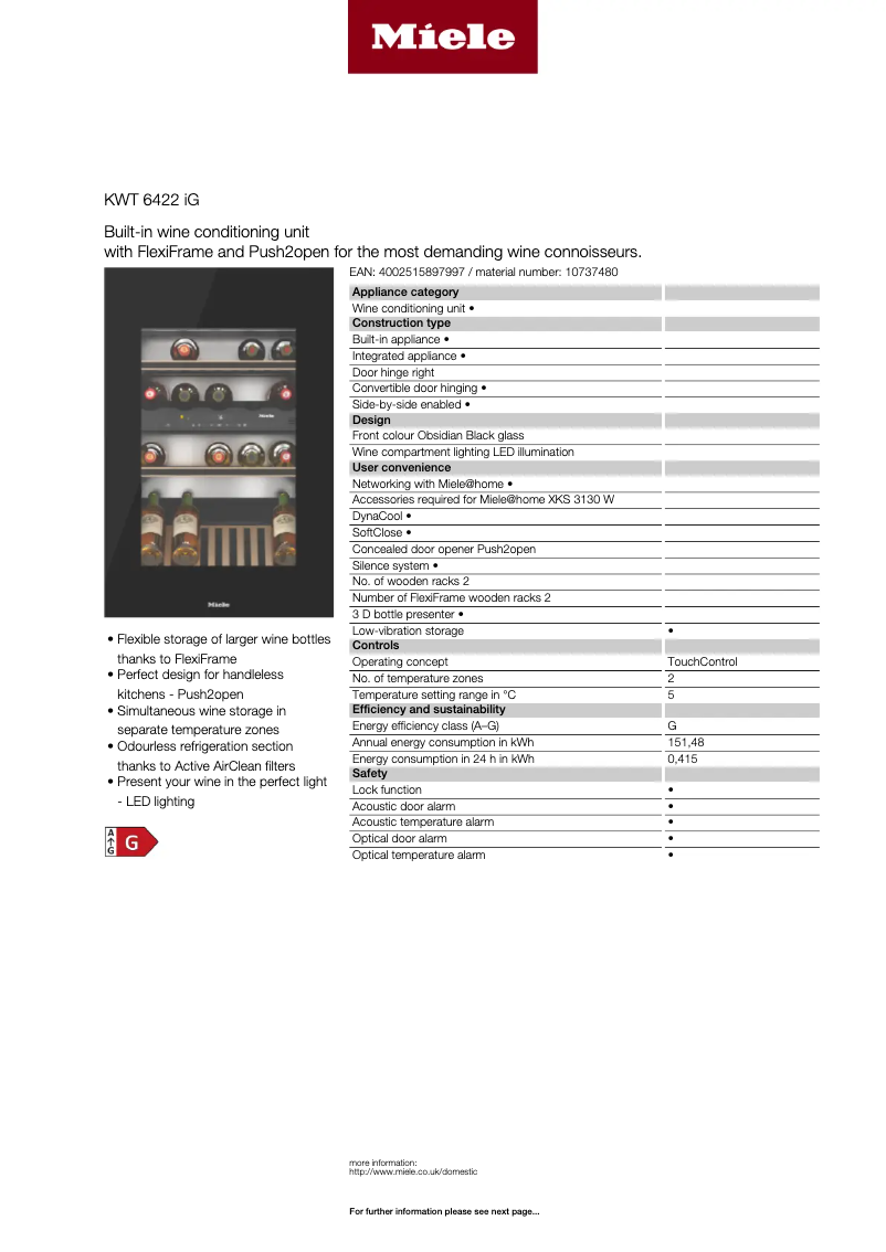 Page 1 of the manual Technical Sheet Miele KWT 6422 IG