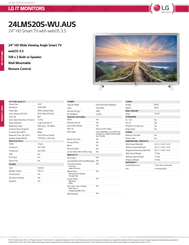 Page 1 of the manual Technical Sheet LG 24LM520S
