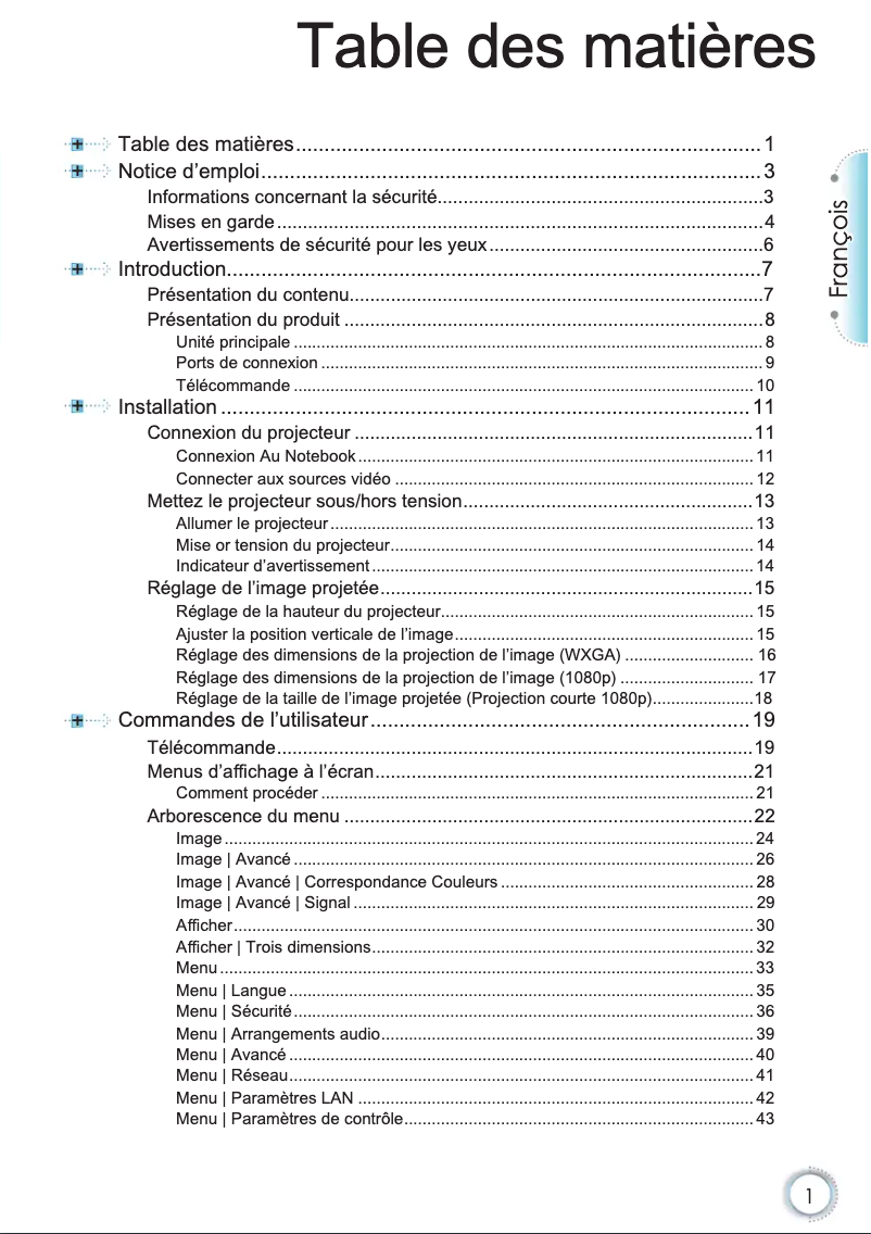 Page 1 of the manual User Manual Optoma W415e