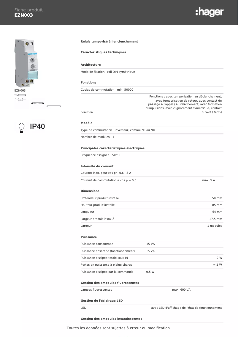 Page 1 of the manual Technical Sheet Hager EZN003