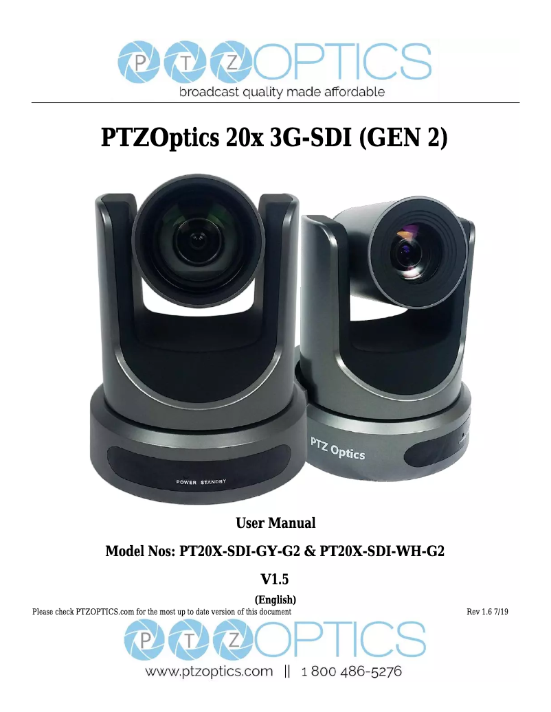 Page 1 of the manual User Manual PTZ Optics 20X 3G-SDI