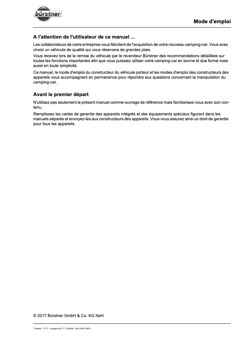 Page 1 of the manual User Manual Bürstner Travel Van (2017)