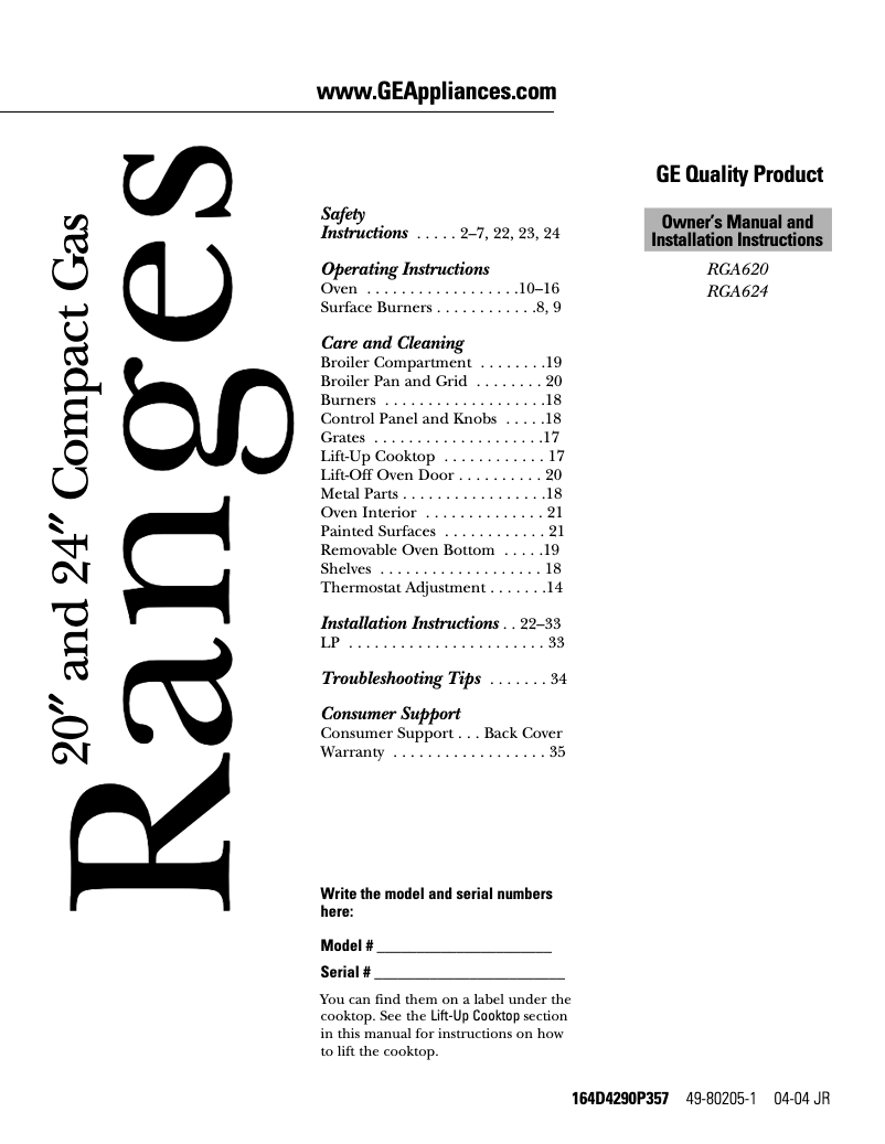 First page image of the manual for RGA620EFWH