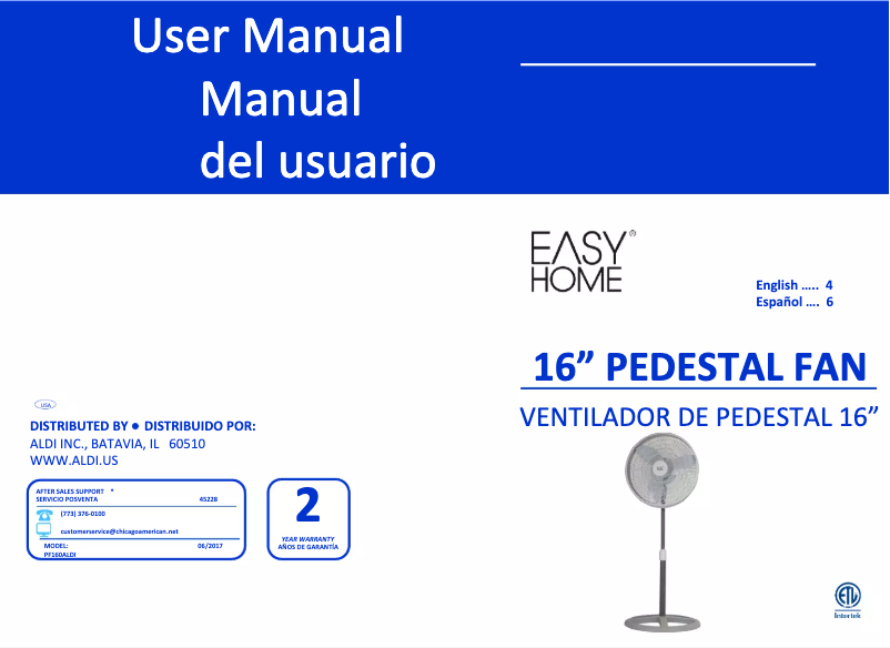 Page 1 of the manual User Manual Easy Home 16" Pedestal Fan PF160ALDI